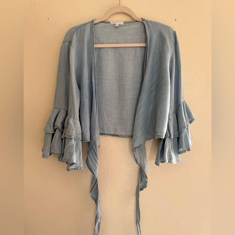Light Blue Wrap Crop Top with Ruffle Sleeves